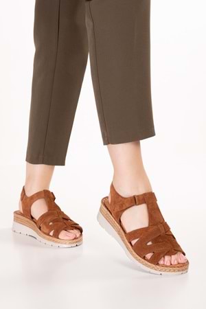 Gondol Hakiki Deri Dolgu Topuklu Günlük Sandalet rh.451 - Taba Süet - 38