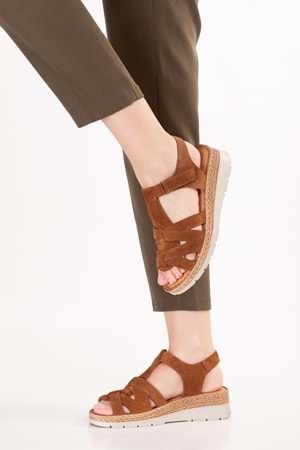 Gondol Hakiki Deri Dolgu Topuklu Günlük Sandalet rh.451 - Taba Süet - 38