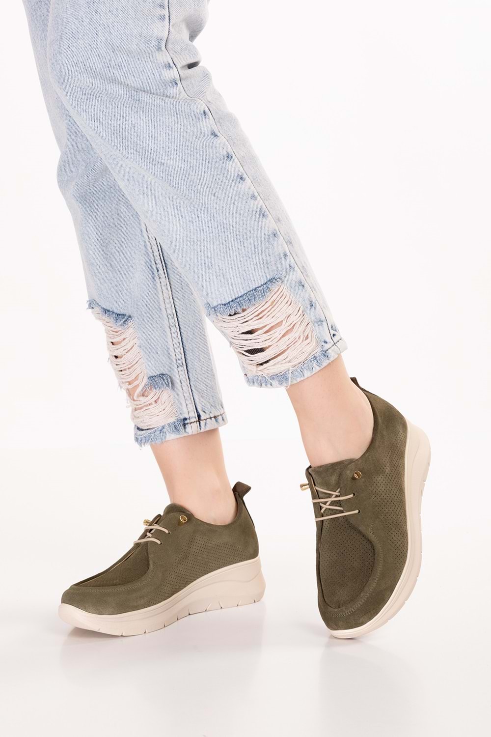 Hakiki Deri Kadın Günlük Rahat Konforlu Günlük Ayakkabı elnr.7036 - Haki Süet - 38