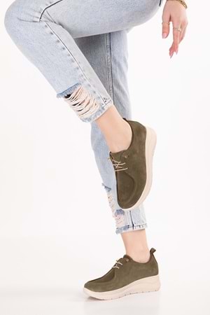 Hakiki Deri Kadın Günlük Rahat Konforlu Günlük Ayakkabı elnr.7036 - Haki Süet - 38