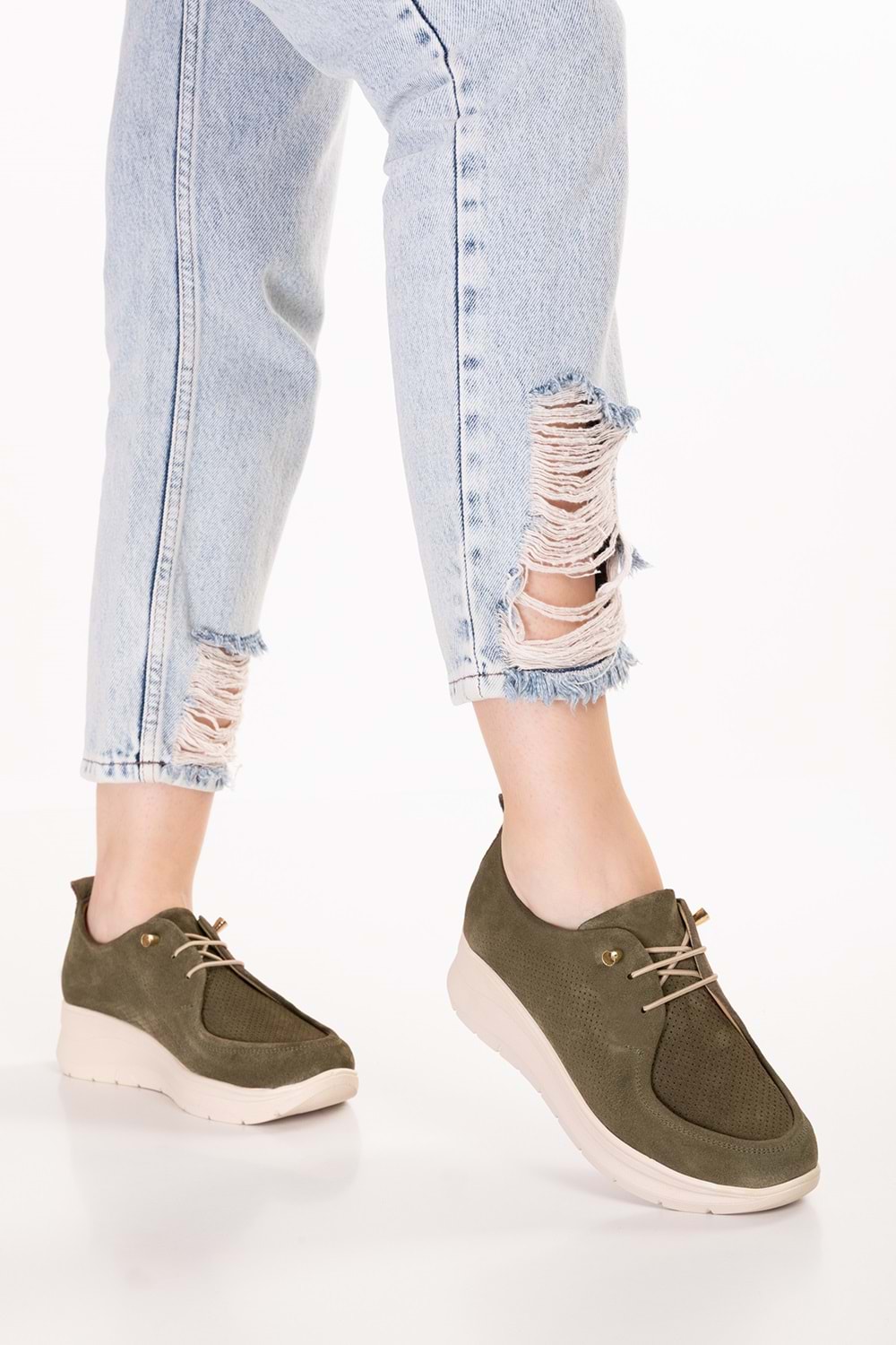 Hakiki Deri Kadın Günlük Rahat Konforlu Günlük Ayakkabı elnr.7036 - Haki Süet - 38