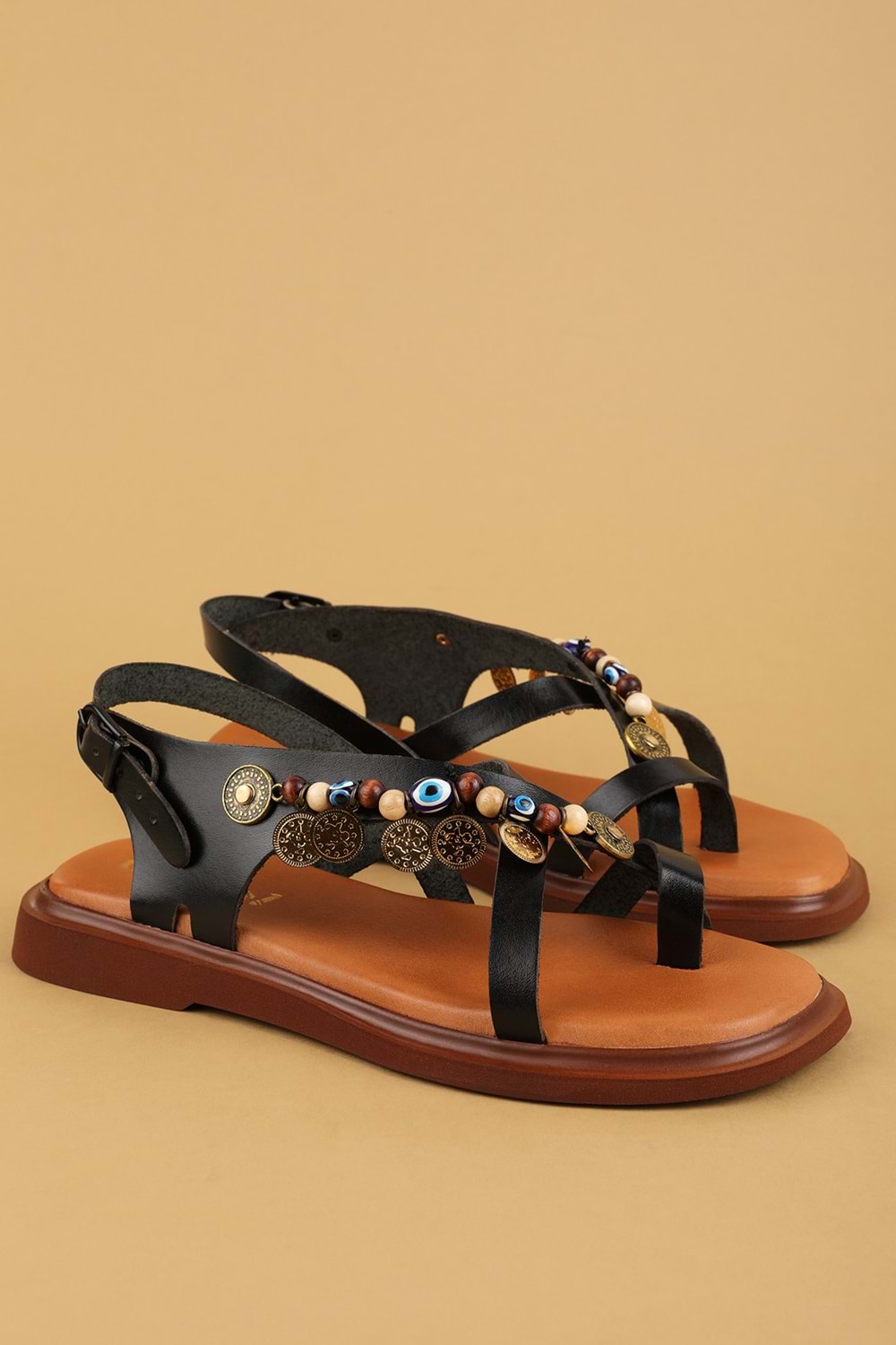 Gondol Hakiki Deri Vaketa Parmak Arası Süslü Sandalet crm.305 - Siyah - 38