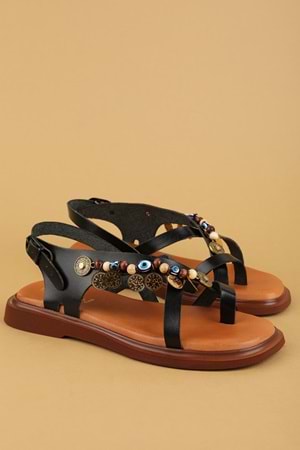 Gondol Hakiki Deri Vaketa Parmak Arası Süslü Sandalet crm.305 - Siyah - 38