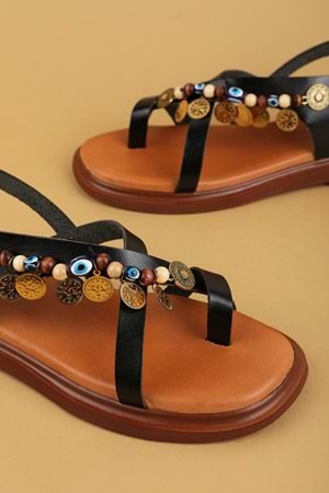 Gondol Hakiki Deri Vaketa Parmak Arası Süslü Sandalet crm.305 - Siyah - 38