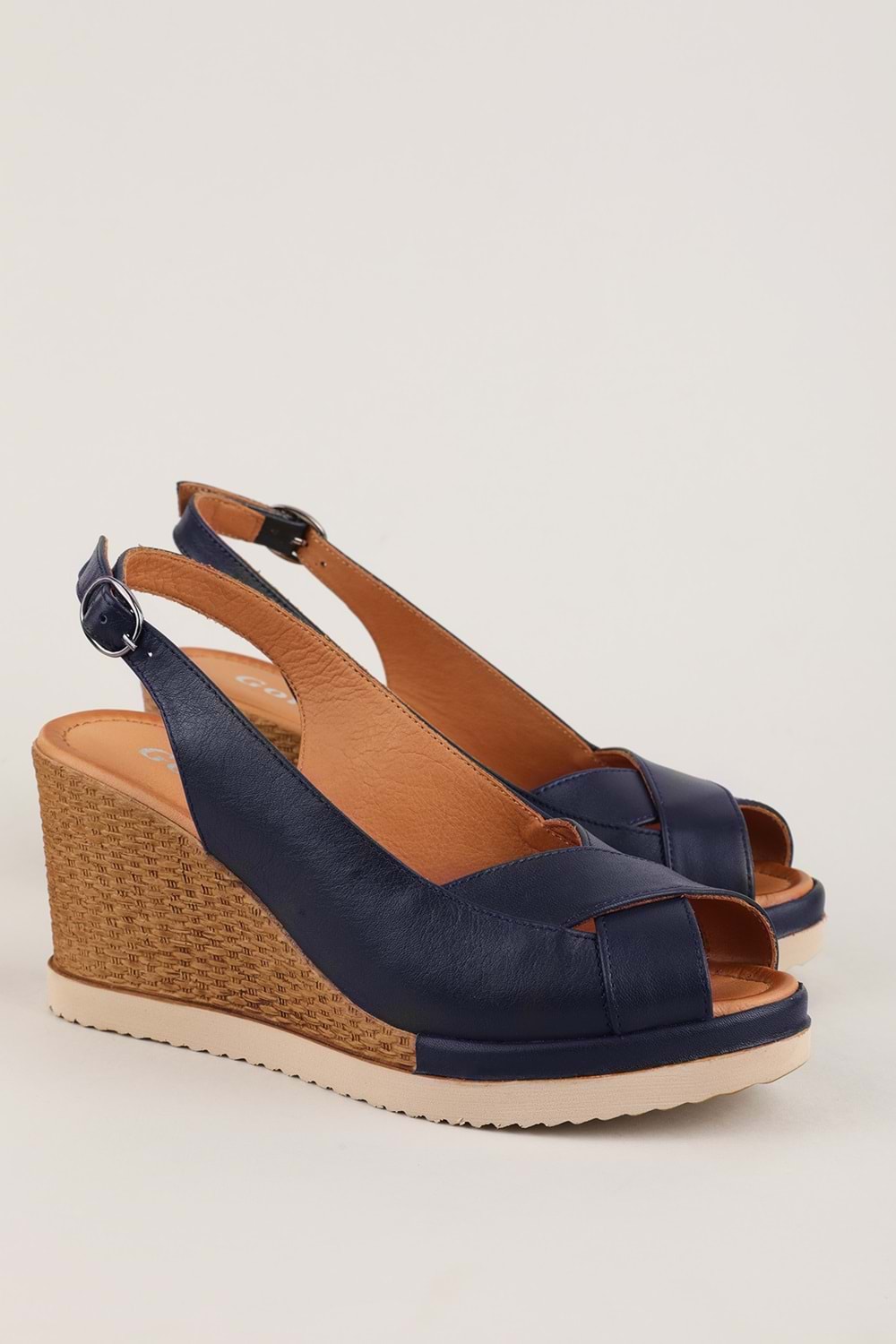 Gondol Hakiki Deri Dolgu Topuklu Günlük Sandalet pkr.501 - Lacivert - 37