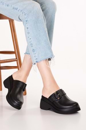 Gondol Hakiki Deri Platform Taban Sabo Terlik pkr.64030 - Siyah - 37