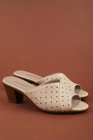 Gondol Kadın Hakiki Deri Topuklu Terlik vdt.222 - Bej - 36