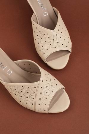 Gondol Kadın Hakiki Deri Topuklu Terlik vdt.222 - Bej - 36