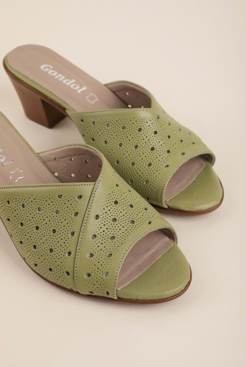 Gondol Kadın Hakiki Deri Topuklu Terlik vdt.222 - Haki - 42