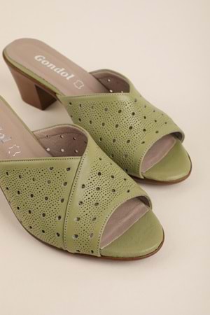 Gondol Kadın Hakiki Deri Topuklu Terlik vdt.222 - Haki - 42