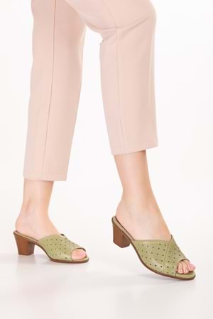 Gondol Kadın Hakiki Deri Topuklu Terlik vdt.222 - Haki - 42