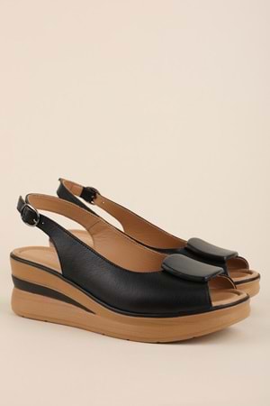 Gondol Hakiki Deri Platform Taban Sandalet pkr.1802 - Siyah - 39