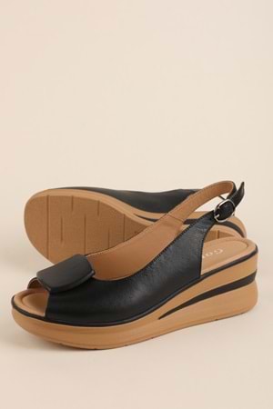 Gondol Hakiki Deri Platform Taban Sandalet pkr.1802 - Siyah - 39