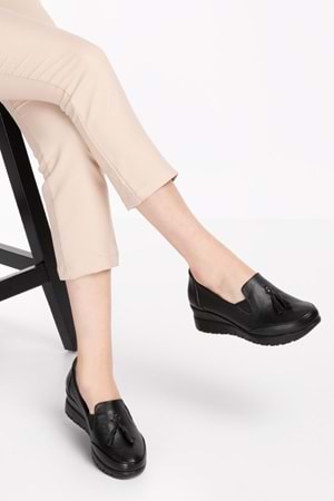 Gondol Kadın Hakiki Deri Anatomik Taban Dolgu Topuklu Günlük Ayakkabı pyt.6204 - Siyah - 37
